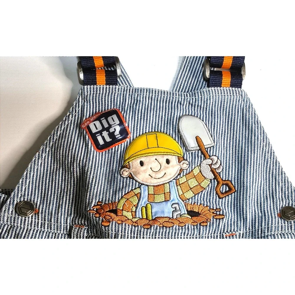 Vintage Bob the Builder Overalls Kids 3T Shortall Hickory Stripe Embroider Scoop